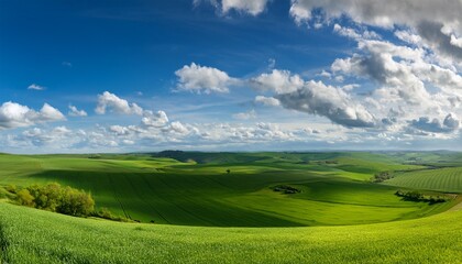 Obraz premium beautiful panorama of rolling green fields spring or summertime background with white fluffy clouds and natural landscape
