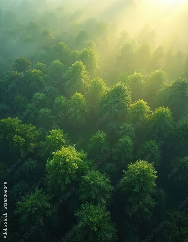 Aufkleber aerial view forest bathed in soft ethereal light. green trees create serene tranquil atmosphere. sun