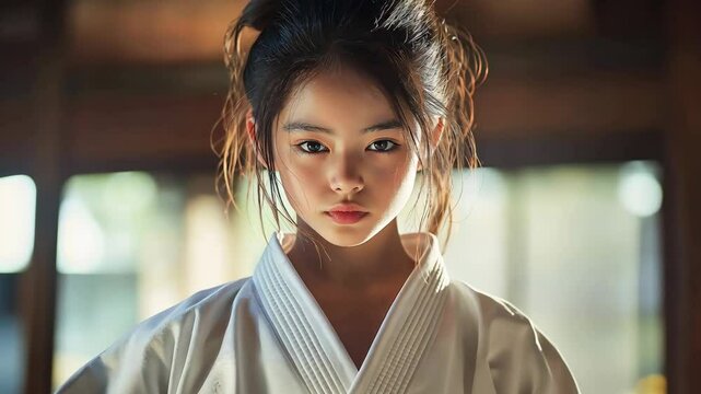 Portrait of young girl in kimono practicing judo and jiu-jitsu indoors, Strength, and self-defense skills	