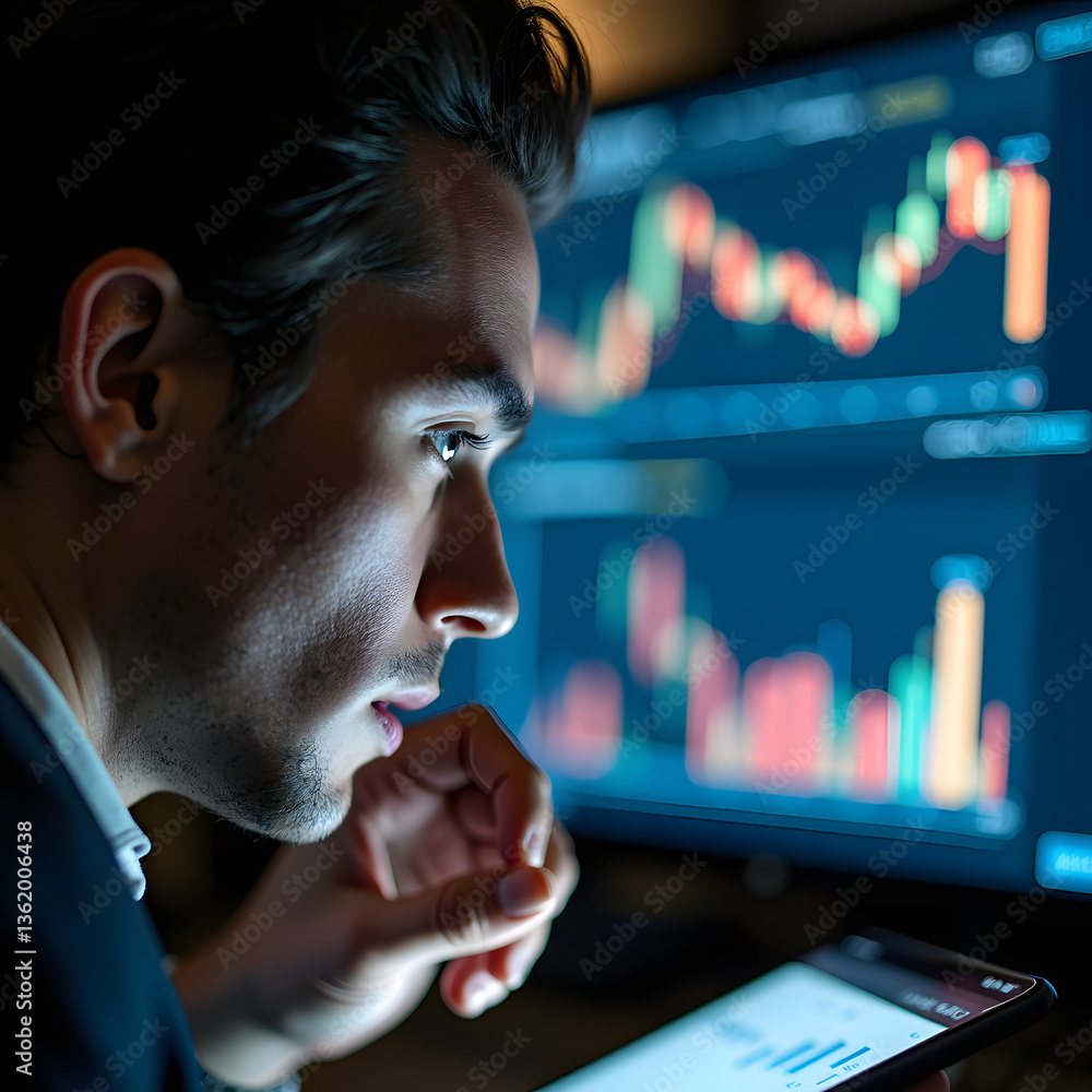 Poster a young man of caucasian descent is focused on analyzing stock market data displayed on a screen, ex