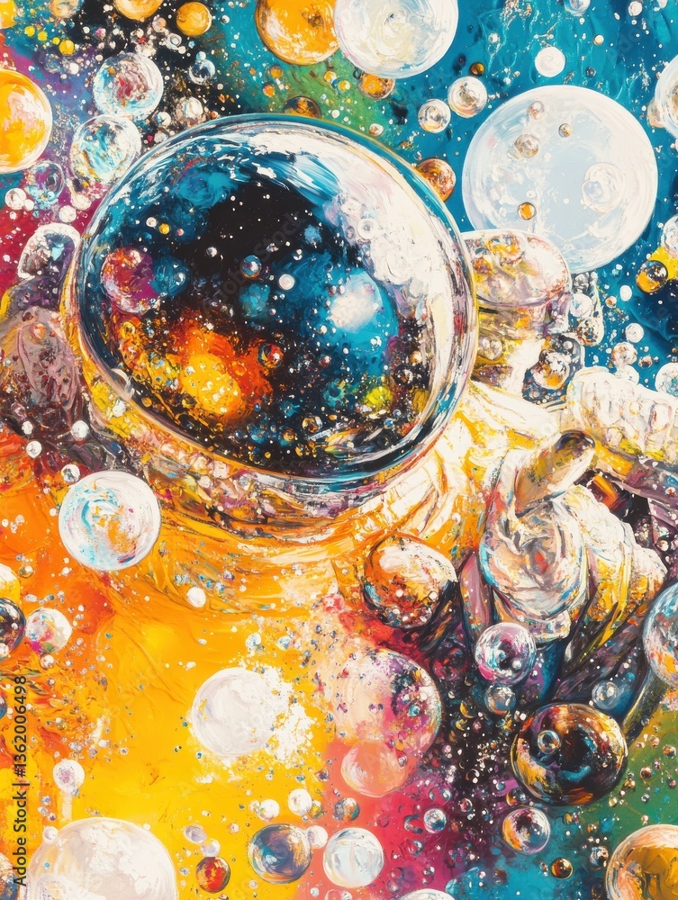 Poster beautiful painting of an astronaut in in a colorful bubbles galaxy on a different planet. generative