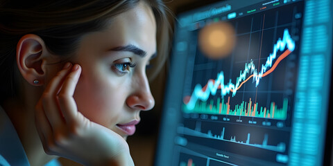 A young woman of Caucasian descent looks intently at a stock market chart on a computer screen, displaying a range of data with rising graphs and colorful indicators