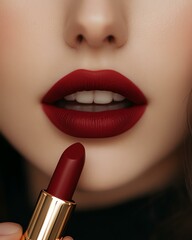 Obraz premium paste mockup lipstick Close-up of a woman applying rich red lipstick, showcasing stylish beauty and makeup trends. Perfect for fashion and cosmetics themes.