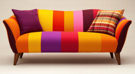 Bright and colorful striped sofa with vibrant cushions, perfect for adding cheerful touch to any living space