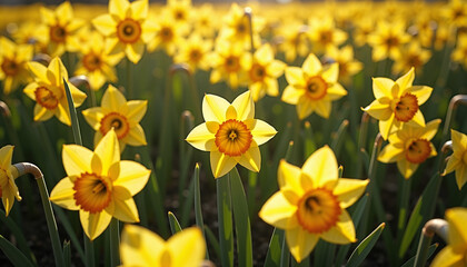 Fototapeta premium Yellow daffodils blooming in a sunny field 