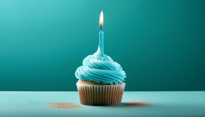 lone lit candle enhances blue iced cupcake amidst tranquil teal