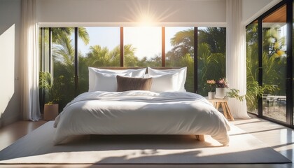pure white bedding basks in the sun beckoning relaxation and serenity