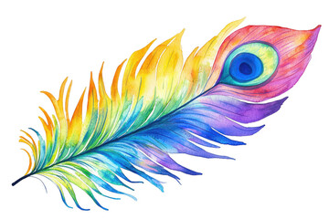 A vibrant, multicolored peacock feather showcasing intricate patterns and hues.