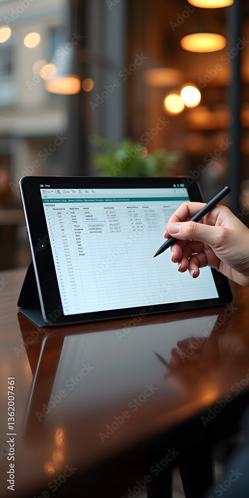 Poster a person using a tablet with a spreadsheet application in a cozy indoor setting, focusing on the scr