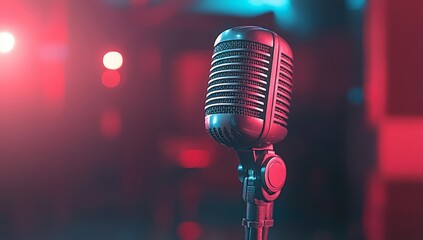 Vintage Microphone on Stage, Retro Music Concert, Red and Blue Lights