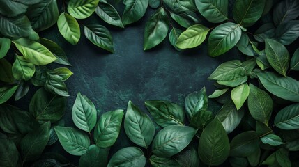 Fototapeta premium Botanical green leaves overlapping on black background