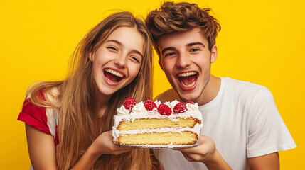 Photograph of two cheerful young individuals enjoying a large slice of cake while wearing casual t-shirts, set against a vibrant yellow background.