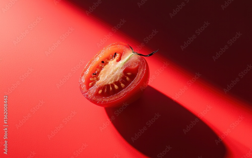 Poster close-up shot of a halved cherry tomato on a red background, illuminated by a dramatic light source 