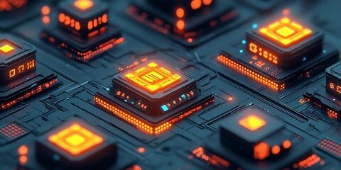 Illuminated circuits and glowing orange digital components on a dark surface