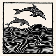 linocut artwork of dolphins jumping