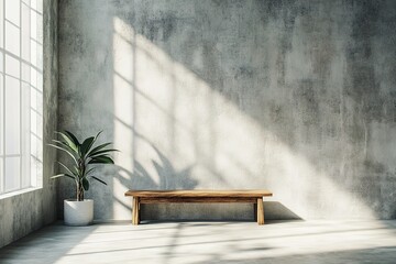 Minimalist Room Concrete Wall, Sunlight, Wooden Bench, Indoor Plant, Bright Window