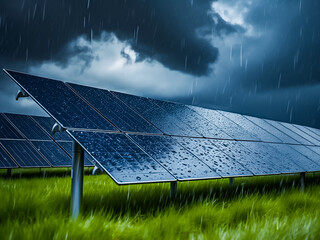 Raining at the field of photovoltaic solar power panel in rainy season.