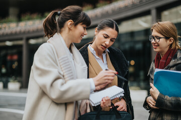 Three women engaged in discussion, reviewing notes outdoors against a city backdrop.