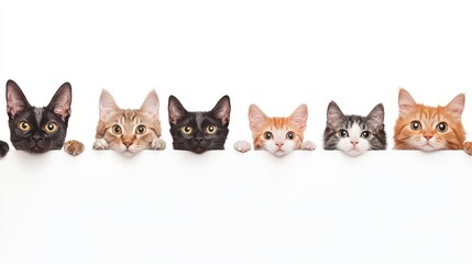 Dogs and cats peeking over the bottom of the frame in a playful manner against a white background creating a fun web banner scene illustration