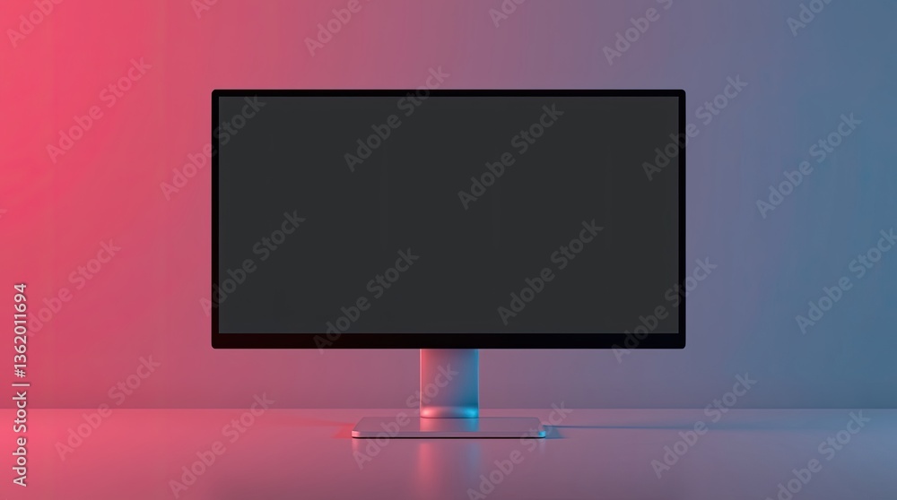 Poster sleek computer monitor stands on a surface with colorful lighting