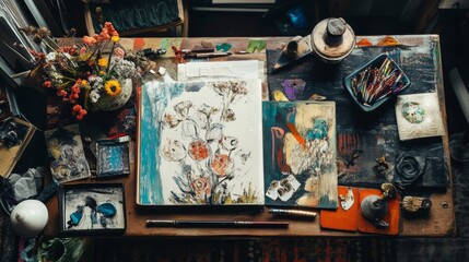 Creative workspace with painting supplies and vintage objects