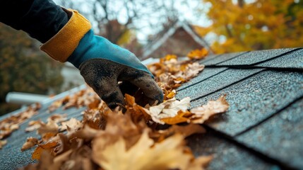 Gloved Hand Picking Leaves from Roof Shingles in Autumn Season