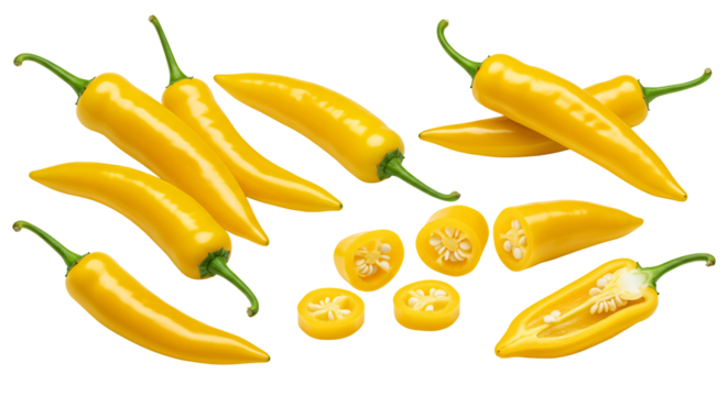 Yellow chili peppers png, whole and sliced yellow peppers isolated on transparent background