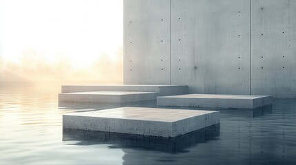 Minimalist Concrete Platforms in Calm Water at Sunrise