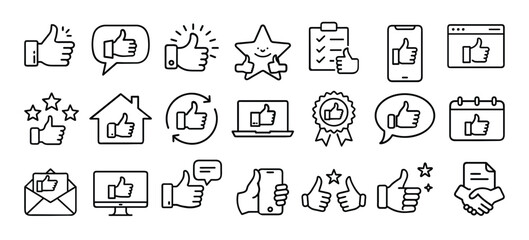 Thumbs up and approval line icons set for feedback and ratings  
