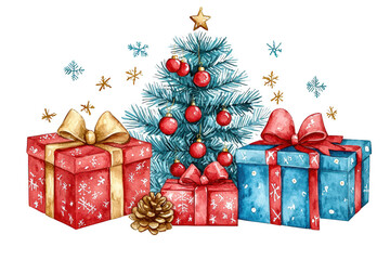 A festive arrangement featuring a Christmas tree adorned with ornaments and surrounded by beautifully wrapped gifts.