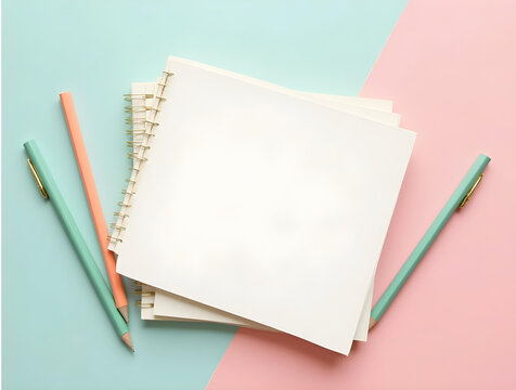 Blank white notebook and colorful pencils on a split pastel background