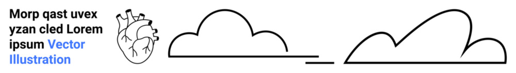 Anatomical heart beside minimalist clouds and abstract text elements. Ideal for health, anatomy, nature, simplicity, creativity, modern design, simple landing page