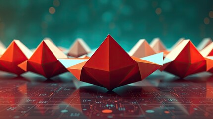 Row of red geometric shapes resting on a circuit board