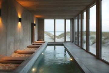 Fototapeta premium Minimalist indoor pool with sand beds and large windows overlooking the beach landscape