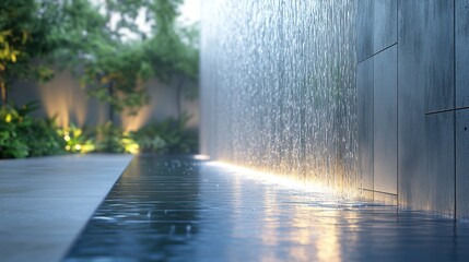 Serene Modern Water Feature in Tranquil Garden Setting
