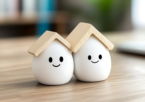 Two smiling house shaped figurines on a light wooden table