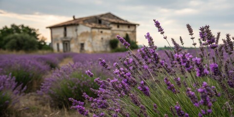 Discover hidden beauty: abandoned building amidst stunning lavender fields, a secret garden revealed.