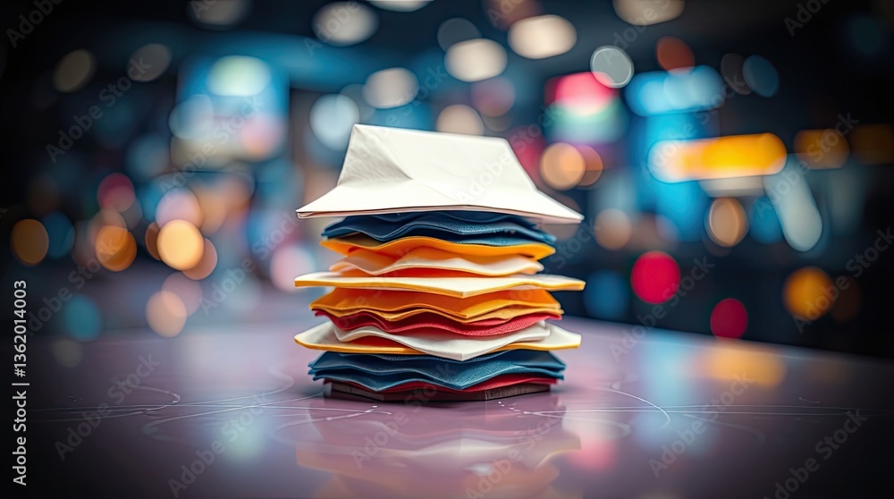 Poster stacked origami papers create a colorful and abstract composition