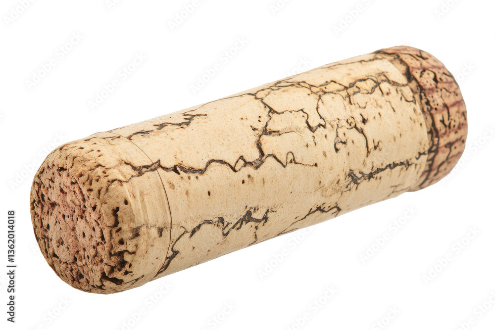 Poster a close up of a wine cork showing the texture and patterns on the surface against a grey background 