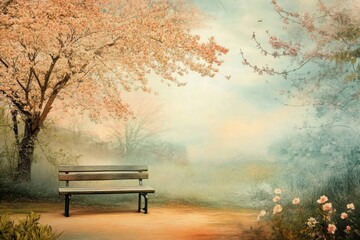 Obraz premium Serene park bench under blossoming trees during a quiet morning