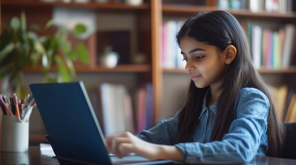 Indian latin girl school pupil distance learning online at remote virtual class with teacher by video conference call, watching webinar, zoom meeting lesson on digital tablet at home, in classroom.