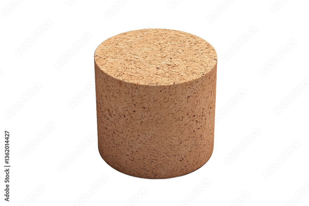 Poster a cylindrical cork stopper resting on a gray surface with visible texture and subtle shadows around 