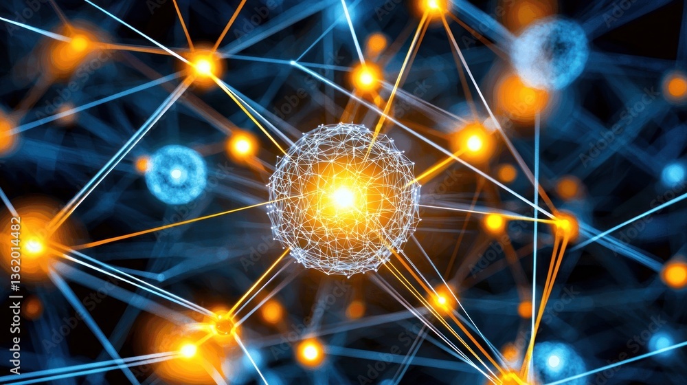 Poster abstract network visualization: a glowing sphere connected to a complex system of nodes and lines