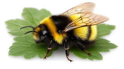 Bumblebee perched on a green leaf.