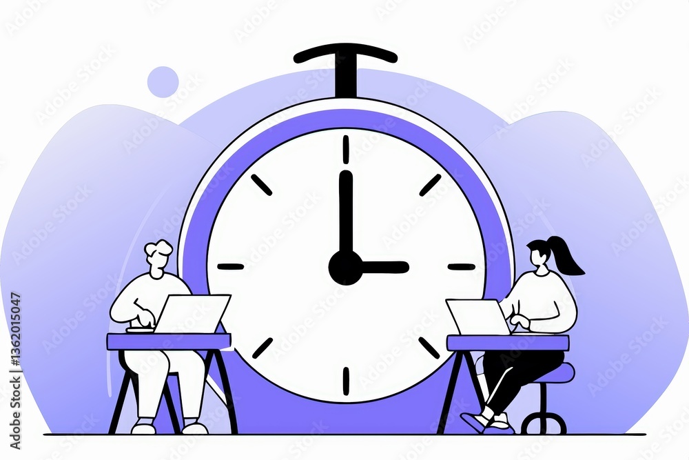 Poster two people working on laptops with a timer in the background, symbolizing productivity and time mana