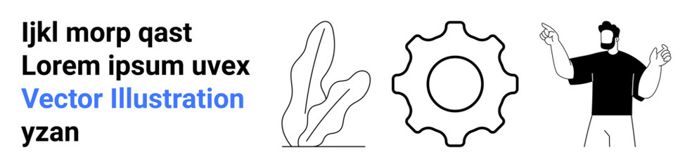 Gear shape, leafy plant, and expressive person with sample text suggest innovation, growth, and collaboration. Ideal for business, teamwork, creativity, innovation education marketing simple