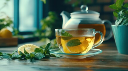 A Refreshing Moment: A translucent cup of tea infused with lemon and mint, alongside a full teapot, sitting on a rustic wooden table amidst fresh herbs and greenery.