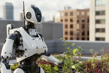 Fototapeta premium Robot tending to plants on a city rooftop garden in bright daylight