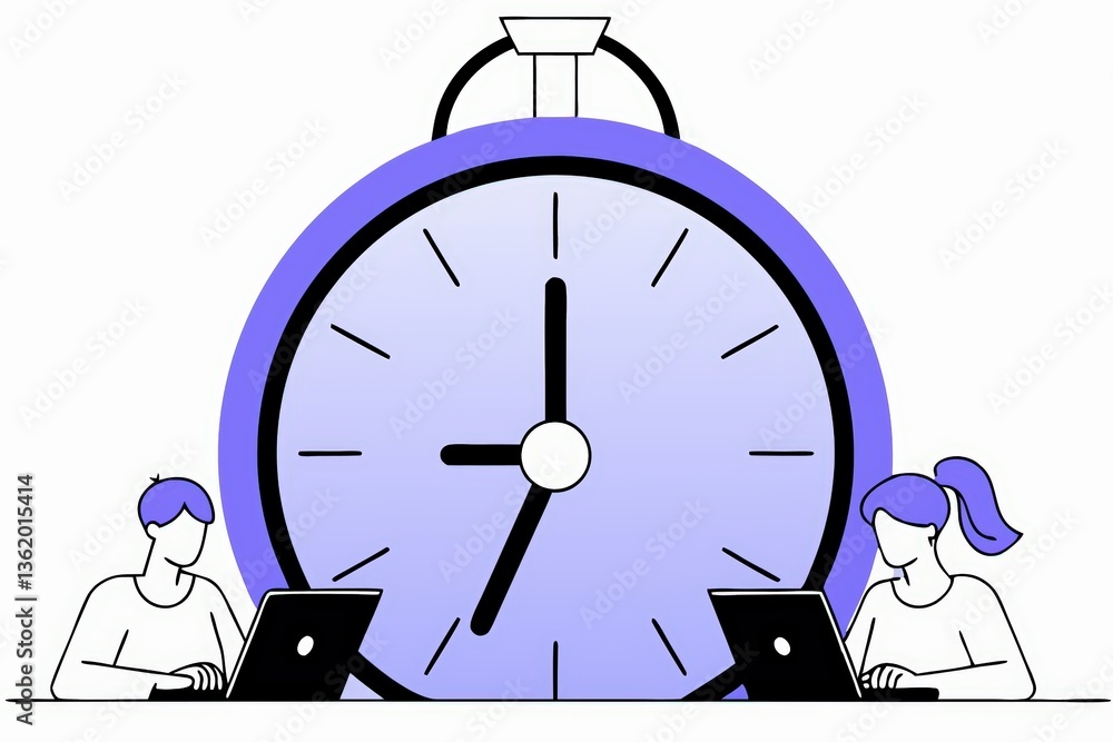 Poster two individuals working on laptops with a stopwatch in the background, symbolizing time management a