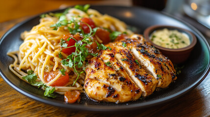 Grilled chicken breast with spaghetti tomatoes and parsley on a black plate with sauce on the side